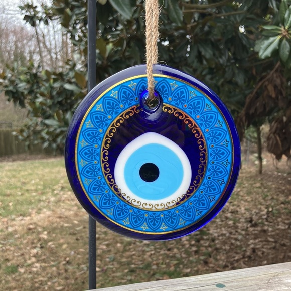 EVIL EYE Wall Hanging Charm Glass Patterned Blue and Gold Large 4.5" Round - Picture 3 of 8